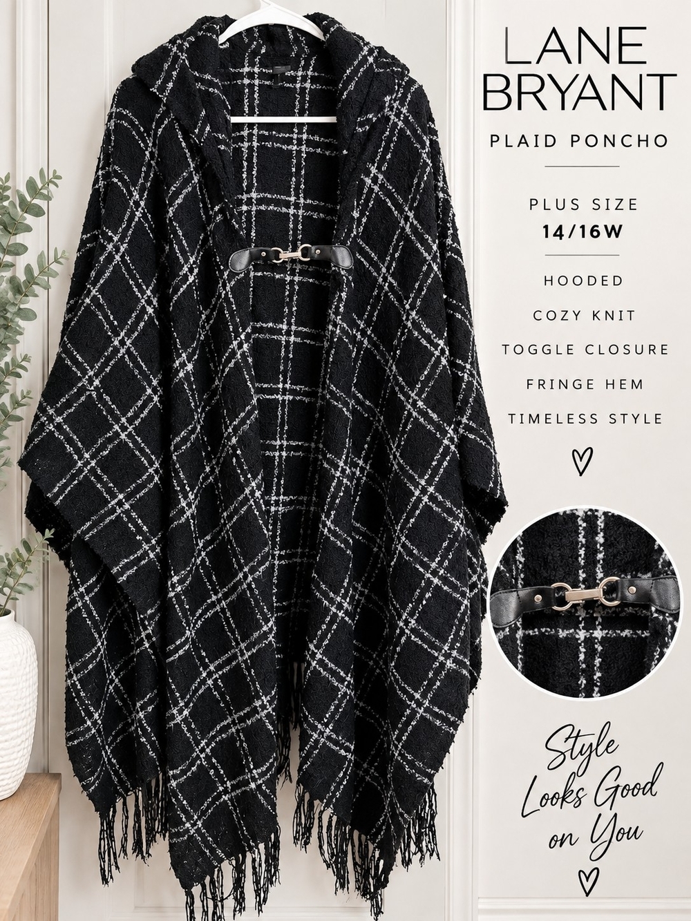 Lane Bryant Plaid Hooded Poncho Cape Black White 14/16W